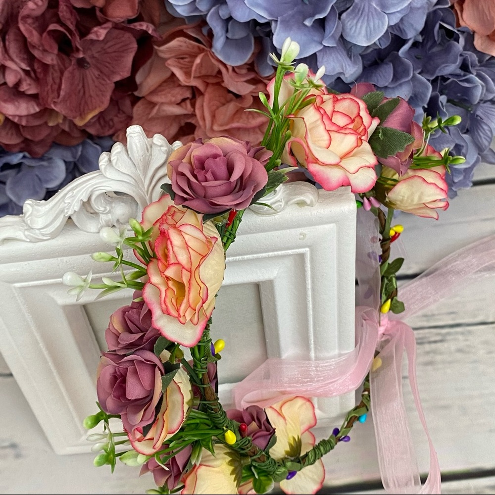 Bohemian Pink & Purple Rose Crown Hair Wreath - Picture 6 of 12